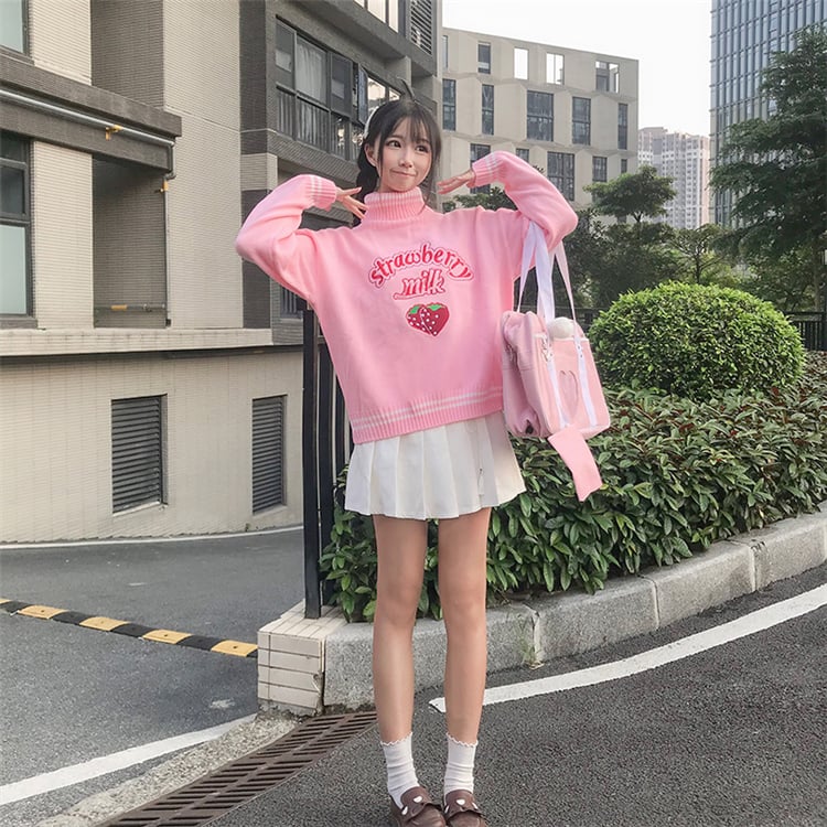Cute Pastel Pink Strawberry Milk Turtleneck Knit Sweater Sweatshirt Jumper Long Sleeve Pullover E-Girl Kawaii Korean Japanese Harajuku Streetwear