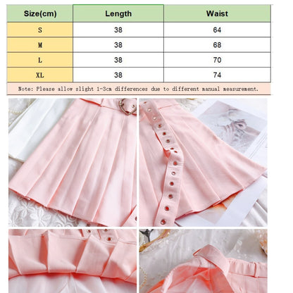 Cute Preppy Summer Pleated Heart Shape Belt High Waist Mini Skirt Bottom E-Girl Kawaii Korean Japanese Harajuku Chinese Retro Streetwear Aesthetic