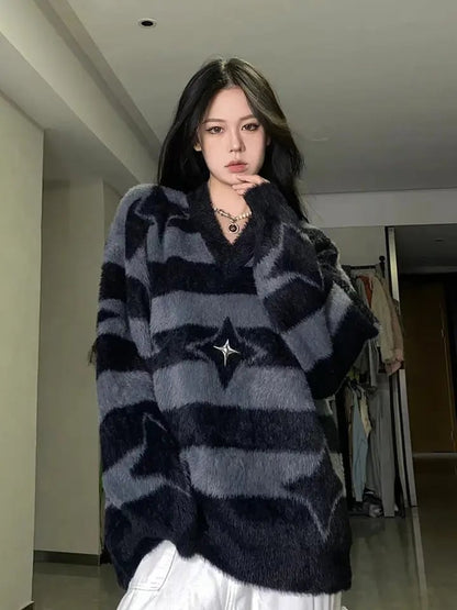 Grey & Black Star Striped Sweater
