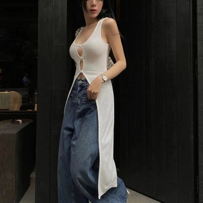 White Hollow Out V Neck Long Tank Top