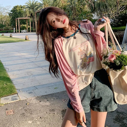 Pink Teddy Bear Patchwork Long Sleeve Shirt
