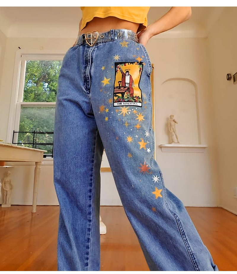Vintage Star Moon Night Sky Women Heans Pattern Print Autumn Winter Demin Trouser Blue Pants Bottom E-Girl Kawaii Korean Japanese Harajuku Streetwear