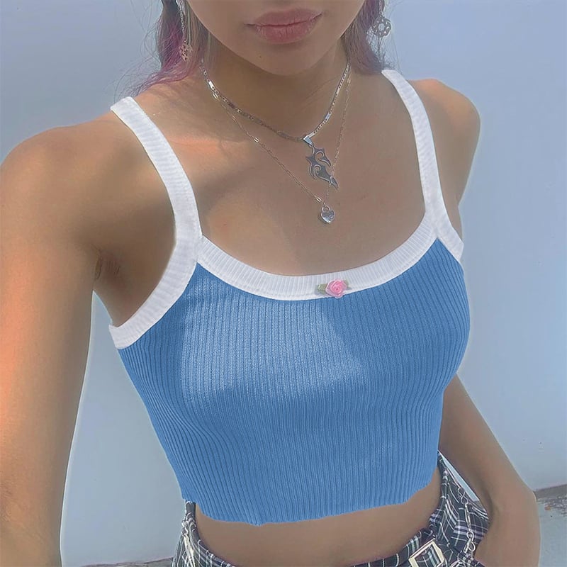 Cute Sexy Flower Rose Color Contrast Crop Top Camisole Shirt Tee T-shirt E-Girl Kawaii Korean Japanese Harajuku Chinese Retro Streetwear Aesthetic