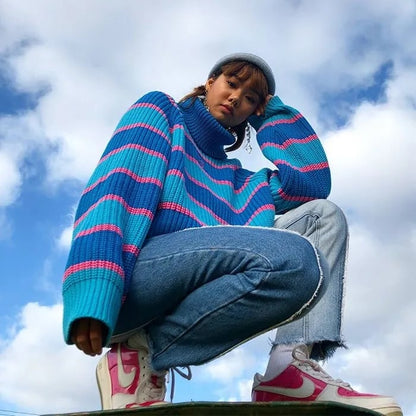 Blue Patchwork Turtleneck Sweater