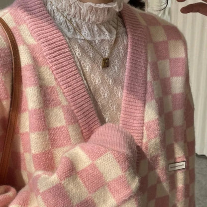 Pink Checkered Button Knit Cardigan