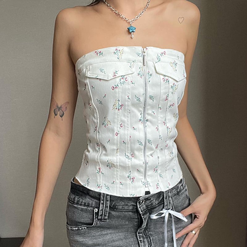 White Floral Zipper Tube Top
