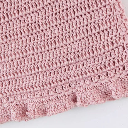 Pink Strawberry Crochet Knit Top + Sash Beach Mini Skirt