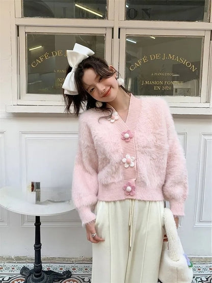 Fluffy Flower Button Cardigan