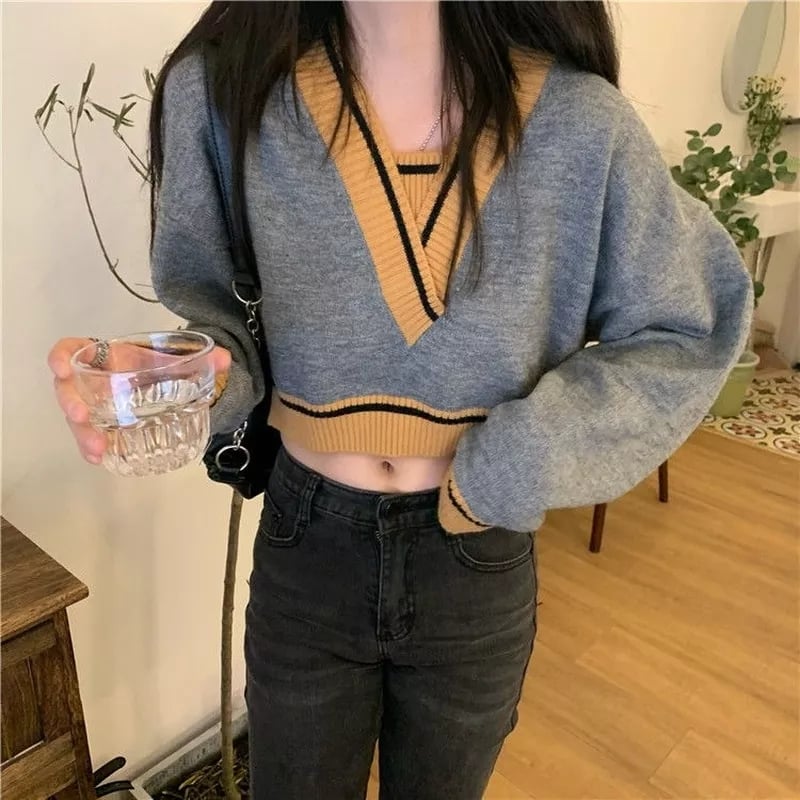 Panelled V Neck Cropped Loose Long Sleeve Jumper