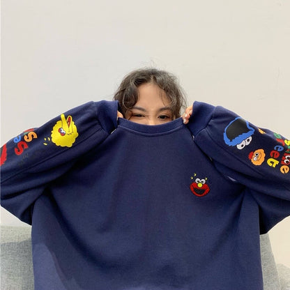 Funny Elmo Cartoon Print Loose Oversized Long Sleeve Sweatshirt Sweater Pullover Jumper Causal E-Girl Kawaii Korean Japanese Harajuku Streetwear