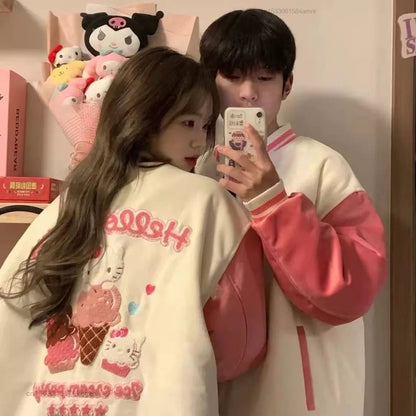 Pink Japanese Anime Cat Embroidery Patchwork Varsity Baseball Jacket
