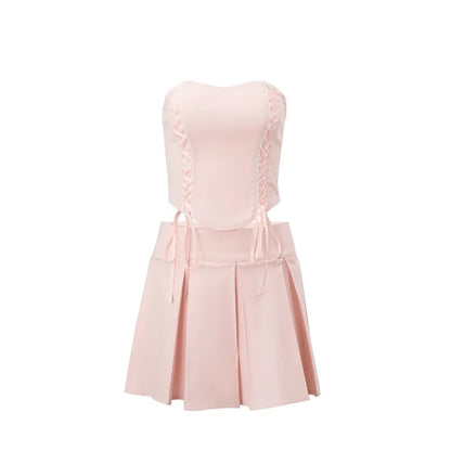 2PCS Pink Side Cross Strapless Top + Pleated Mini Skirt