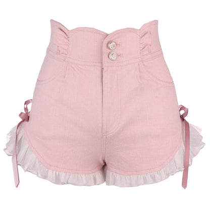 Pink Bow Ruffle High Waist Lace Shorts