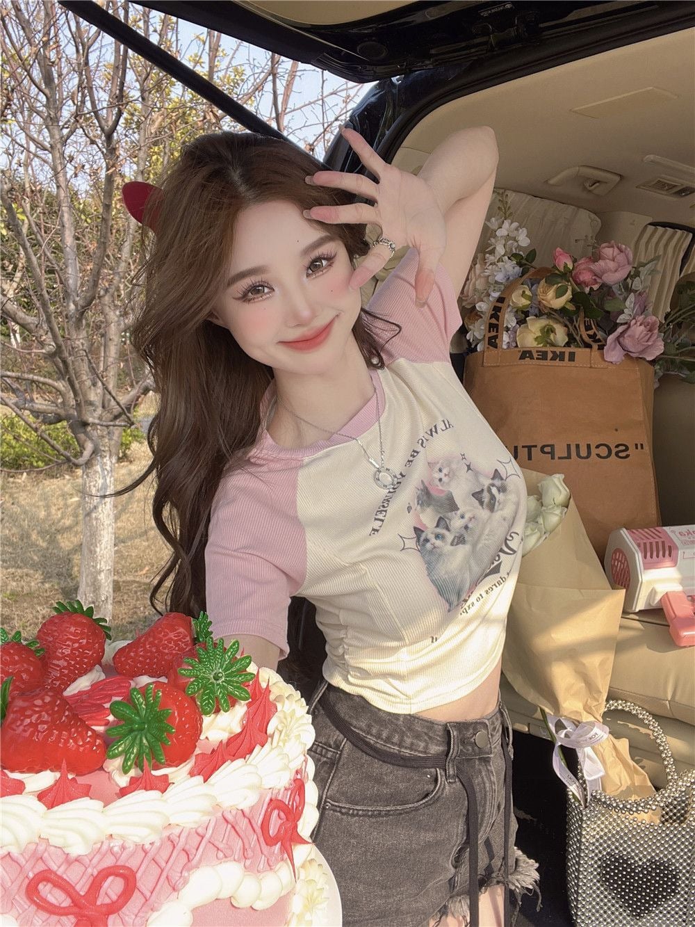 Cat Cartoon Patchwork Print Short Sleeve T-shirt