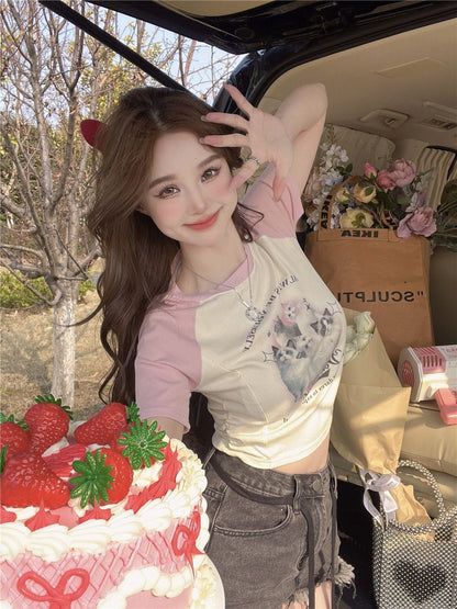 Cat Cartoon Patchwork Print Short Sleeve T-shirt