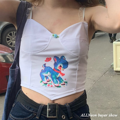Cute Cartoon Graphic Lace Vintage Spaghetti Strap Crop Top Shirt Tee T-shirt E-Girl Kawaii Korean Japanese Harajuku Chinese Retro Streetwear Aesthetic