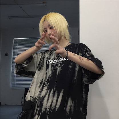 Cute Smoke Ash Print Loose Oversized Crop Top Short Sleeve Shirt Tee T-shirt E-Girl Kawaii Korean Japanese Harajuku Chinese Retro Streetwear Punk Goth