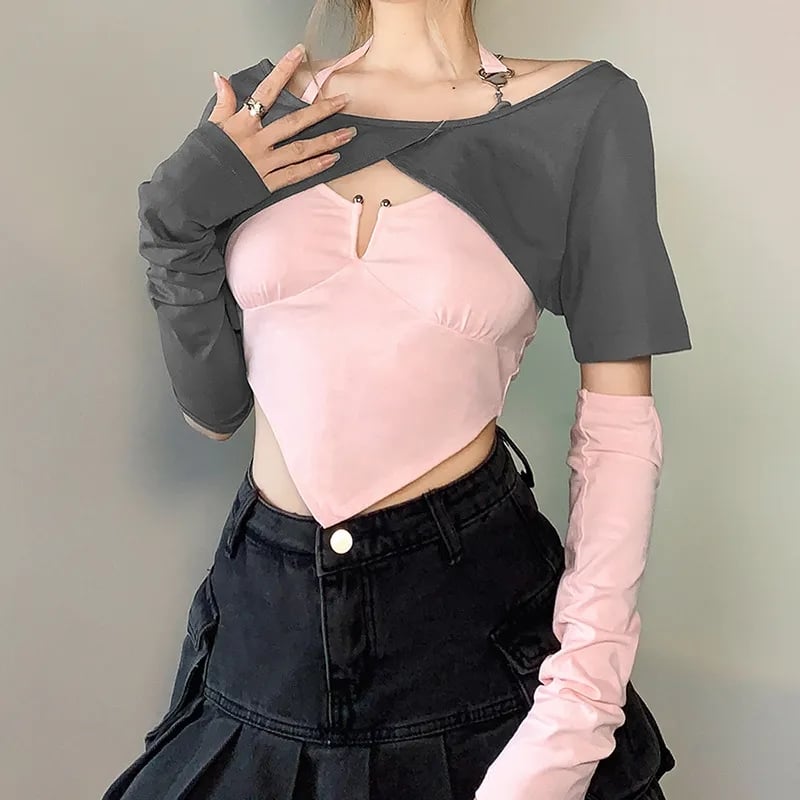 2PCS Sweet Pink Irregular Wrap Off Shoulder Short Sleeve Shirt