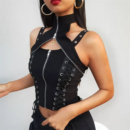 Cute Black Zipper Choker Halter Sleeveless Bandage Tank Crop Top Punk Goth Summer Aesthetic Club E-Girl Kawaii Korean Japanese Harajuku