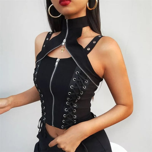 Cute Black Zipper Choker Halter Sleeveless Bandage Tank Crop Top Punk Goth Summer Aesthetic Club E-Girl Kawaii Korean Japanese Harajuku