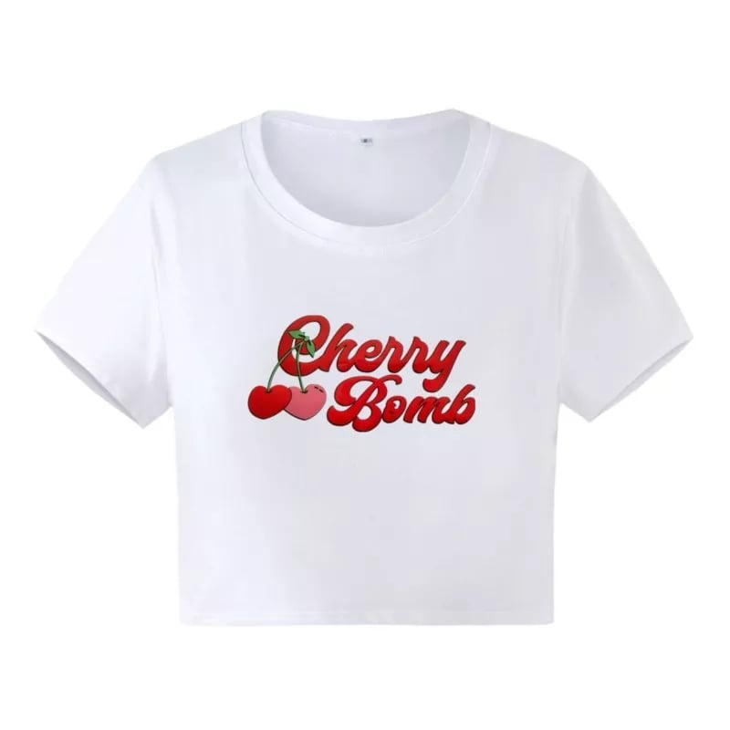 Cherry Print Short Sleeve Crop Top Aesthetic Casual E-Girl Kawaii Korean Japanese Harajuku