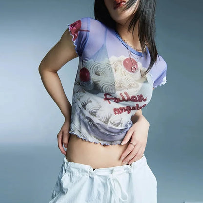 Angel Cake Print Ruffle Short Sleeve Shirt