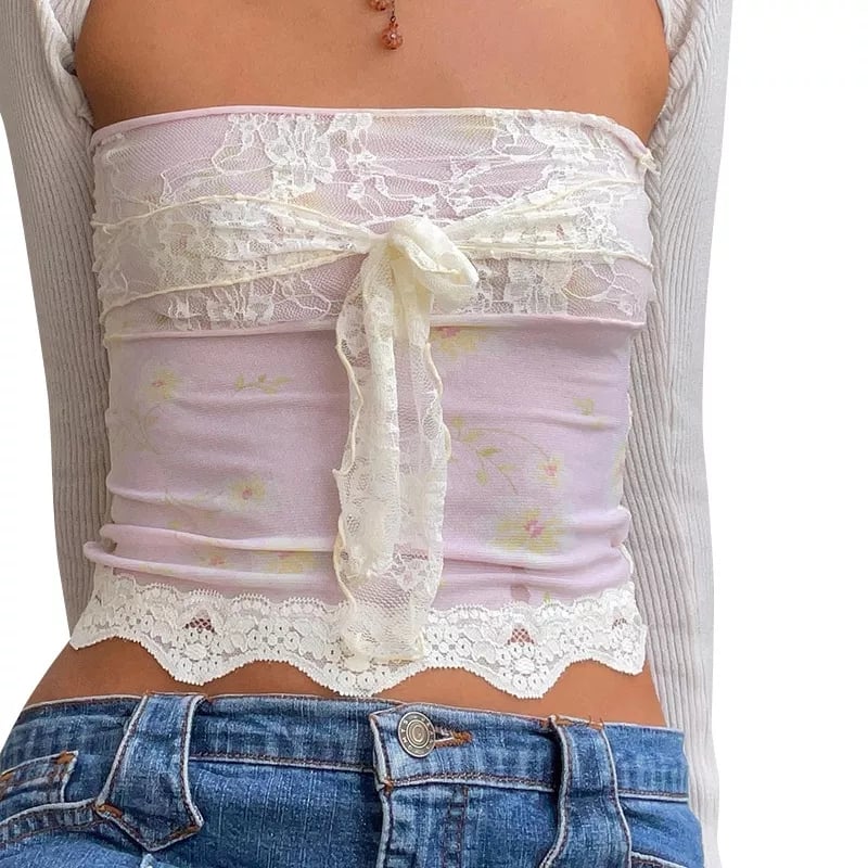 Floral Lace Patchwork Fairycore Tube Top