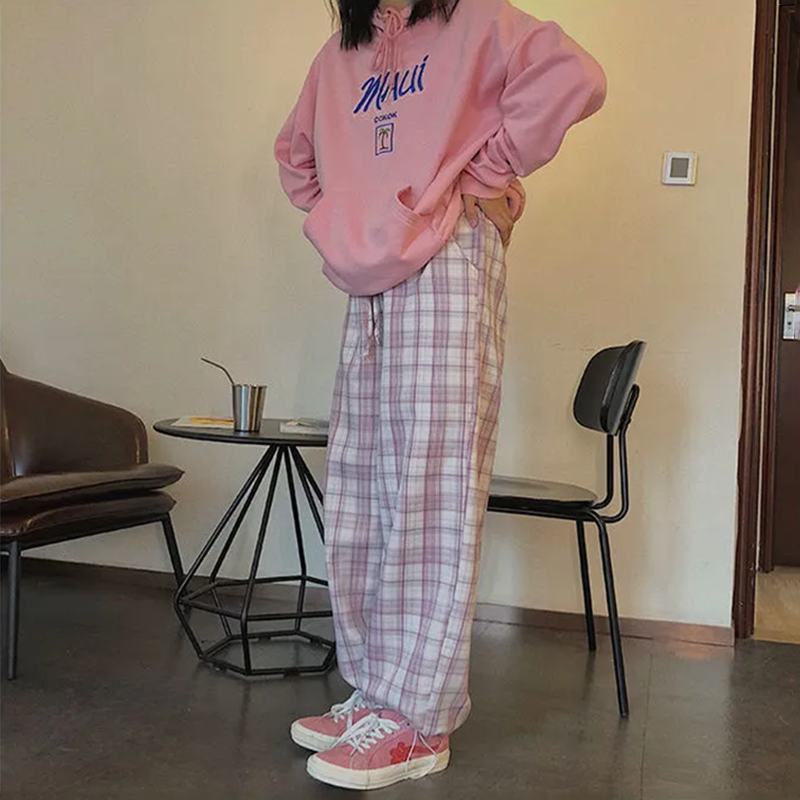 Cute Pastel Pink Checkered Plaid Pants Autumn Punk High Waisted Causal Loose Trouser Hip Hop Bottoms E-Girl Kawaii Korean Japanese Harajuku Streetwear