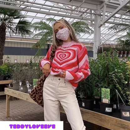 Cute Sweet 90s Hot Pink Heart Striped Long Sleeve Knit Top Sweater Sweatshirt Pullover Jumper Autumn E-Girl Kawaii Korean Japanese Harajuku Streetwear