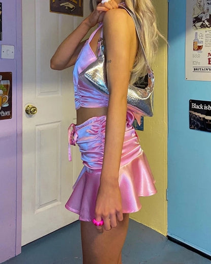 Cute 2pcs Pink Silk Halter Bear Cartoon Sleeveless Crop Top + Ruffle Mini Pleated Skirt Summer Aesthetic Casual E-Girl Kawaii Korean Japanese Harajuku