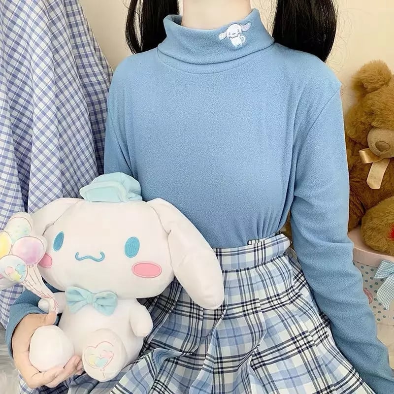 Cute Anime Japanese Embroidery Turtleneck High Collar Long Sleeve Shirt Pullover Aesthetic