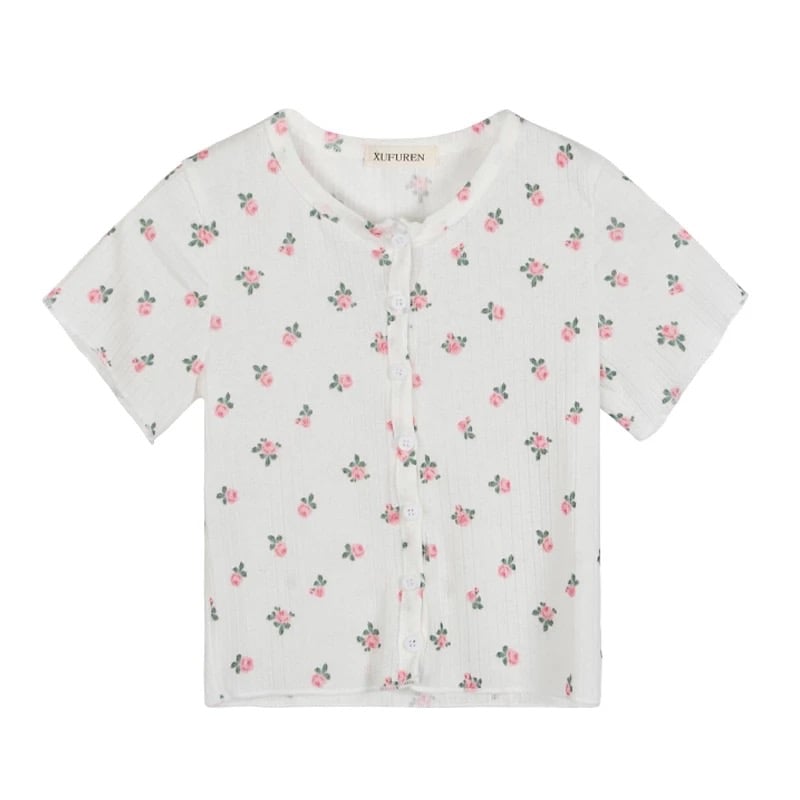 Cute Flower Rose Button Up Crop Top Short Sleeve Shirt T-shirt Tee Top Kawaii Korean Japanese Harajuku Chinese Retro Streetwear Aesthetic Fashion