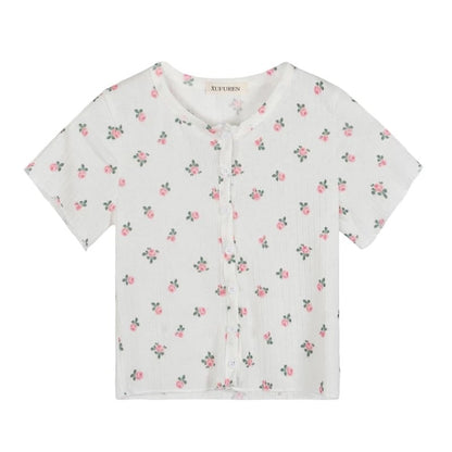 Cute Flower Rose Button Up Crop Top Short Sleeve Shirt T-shirt Tee Top Kawaii Korean Japanese Harajuku Chinese Retro Streetwear Aesthetic Fashion