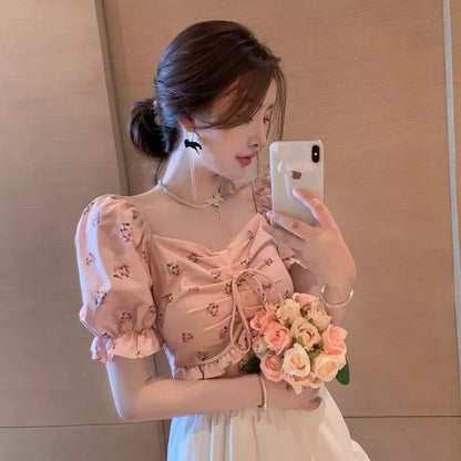 Sweet Floral Bow Pleated Puff Sleeve Blouse Aesthetic Casual E-Girl Kawaii Korean Japanese Harajuku