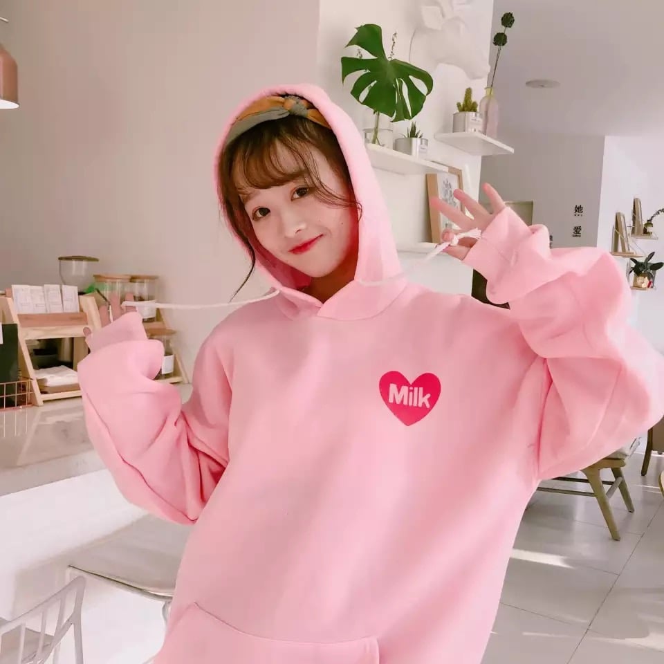 Cute Pastel Pink Peach Cartoon Print Long Sleeve Hoodie Pullover Sweater Sweatshirt Autumn Winter E-Girl Kawaii Korean Japanese Harajuku Streetwear
