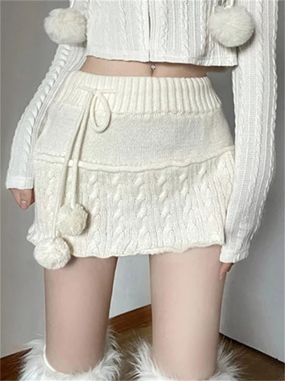 White Knit Twist Mini Skirt