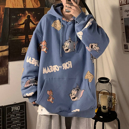 Cute Funny Cat Mouse Print Cartoon Oversized Loose Hoodie Sweatshirt Pullover Sweater Casual E-Girl Kawaii Korean Japanese Harajuku Streetwear
