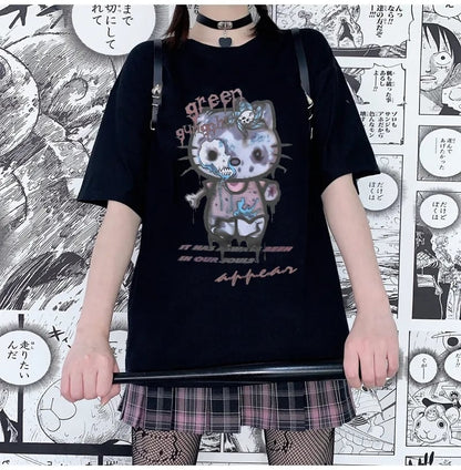 Zombie Anime Cat Print Short Sleeve T-shirt