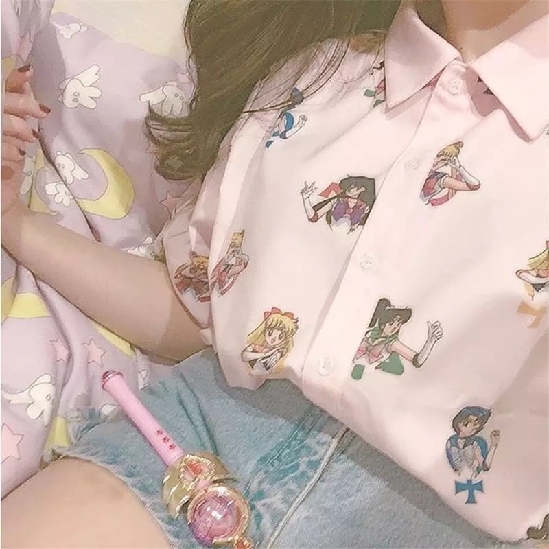 Pastel Anime Girl Japanese Print Cartoon Button Down Short Sleeve Shirt