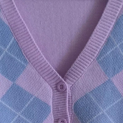 Cute Pink Geometrical Chic Vintage Knit Cardigan Sweater Top Shirt Winter Autumn E-Girl Kawaii Korean Japanese Harajuku Chinese Retro Streetwear