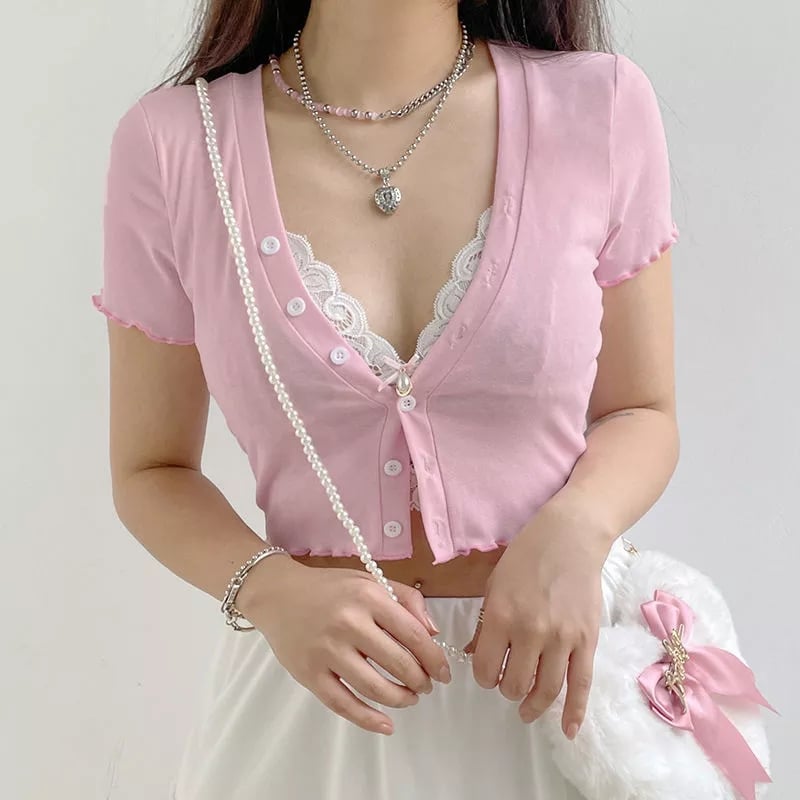 Sweet Lace Button V Neck Cropped Short Sleeve T-Shirt