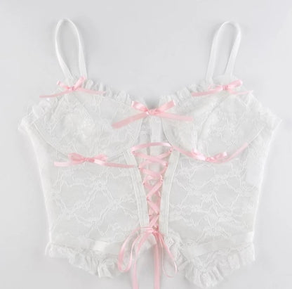 Cute Lace Mesh Patchwork Transparent Corset Camisole Ruffle Crop Top Sleeveless Shirt Summer Aesthetic Casual E-Girl Kawaii Korean Japanese Harajuku