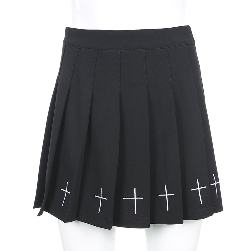 Cute Black Cross Print Goth Punk Pleated High Waisted Mini Skirt Bottom E-Girl Kawaii Korean Japanese Harajuku Retro Streetwear