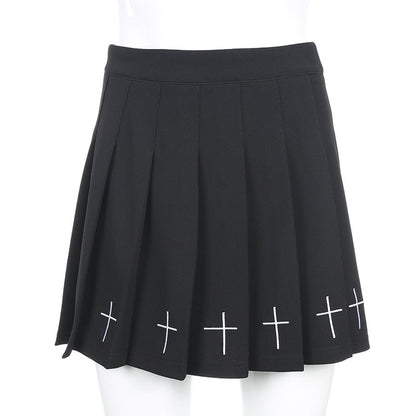 Cute Black Cross Print Goth Punk Pleated High Waisted Mini Skirt Bottom E-Girl Kawaii Korean Japanese Harajuku Retro Streetwear