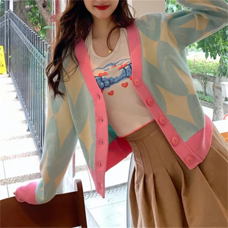 Pastel Argyle V Neck Cardigan Sweater