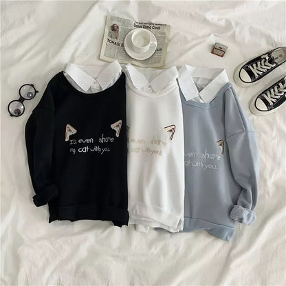 Cute Cat Kitten Print Polo Collar 2 Pcs Sweatshirt Sweater Pullover Jumper Long Sleeve Shirt Casual E-Girl Kawaii Korean Japanese Harajuku Streetwear