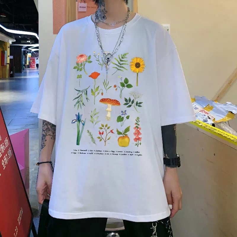 Cute Herbology Plant Mushroom Cartoon Print Loose Oversize Short Sleeve T-shirt Punk Aesthetic Casual Summer E-Girl Kawaii Korean Japanese Harajuku