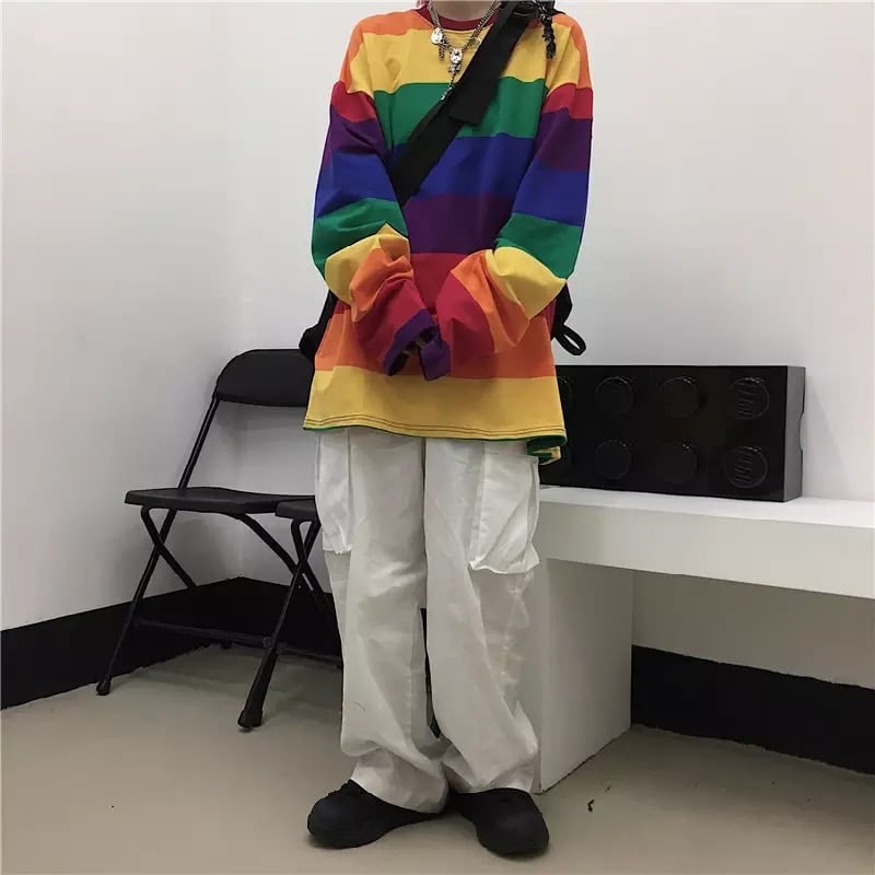 Colorful Rainbow Striped Oversize Loose Long Sleeve Shirt Top T-shirt O Neck Casual E-Girl Kawaii Korean Japanese Harajuku Streetwear