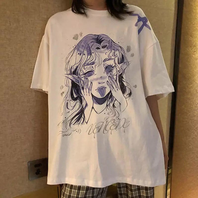 Cute White Elf Anime Girl Cartoon Print Short Sleeve T-shirt Top Oversize Loose Goth Punk Aesthetic E-Girl Kawaii Korean Japanese Harajuku Streetwear