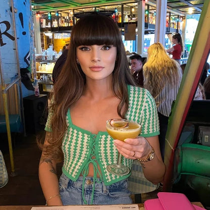 Green Plaid Square Collar Bandage Knit Short Sleeve T-shirt